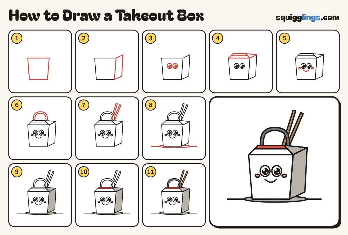 How to Draw a Takeout Box step by step: all 11 steps in one picture