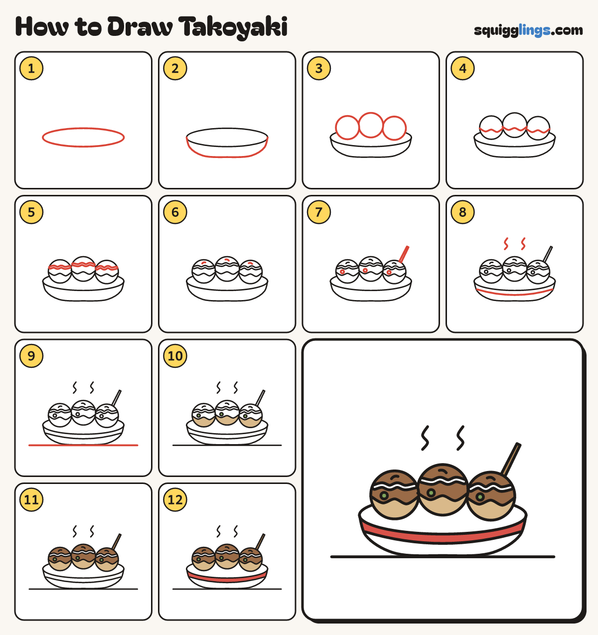 How to Draw Takoyaki step by step: all 12 steps in one picture