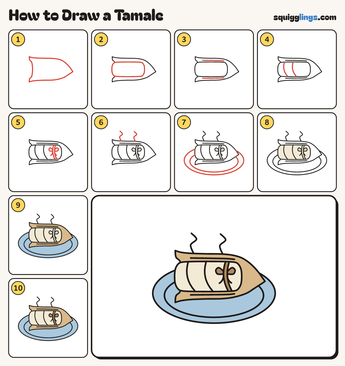 How to Draw a Tamale step by step: all 10 steps in one picture