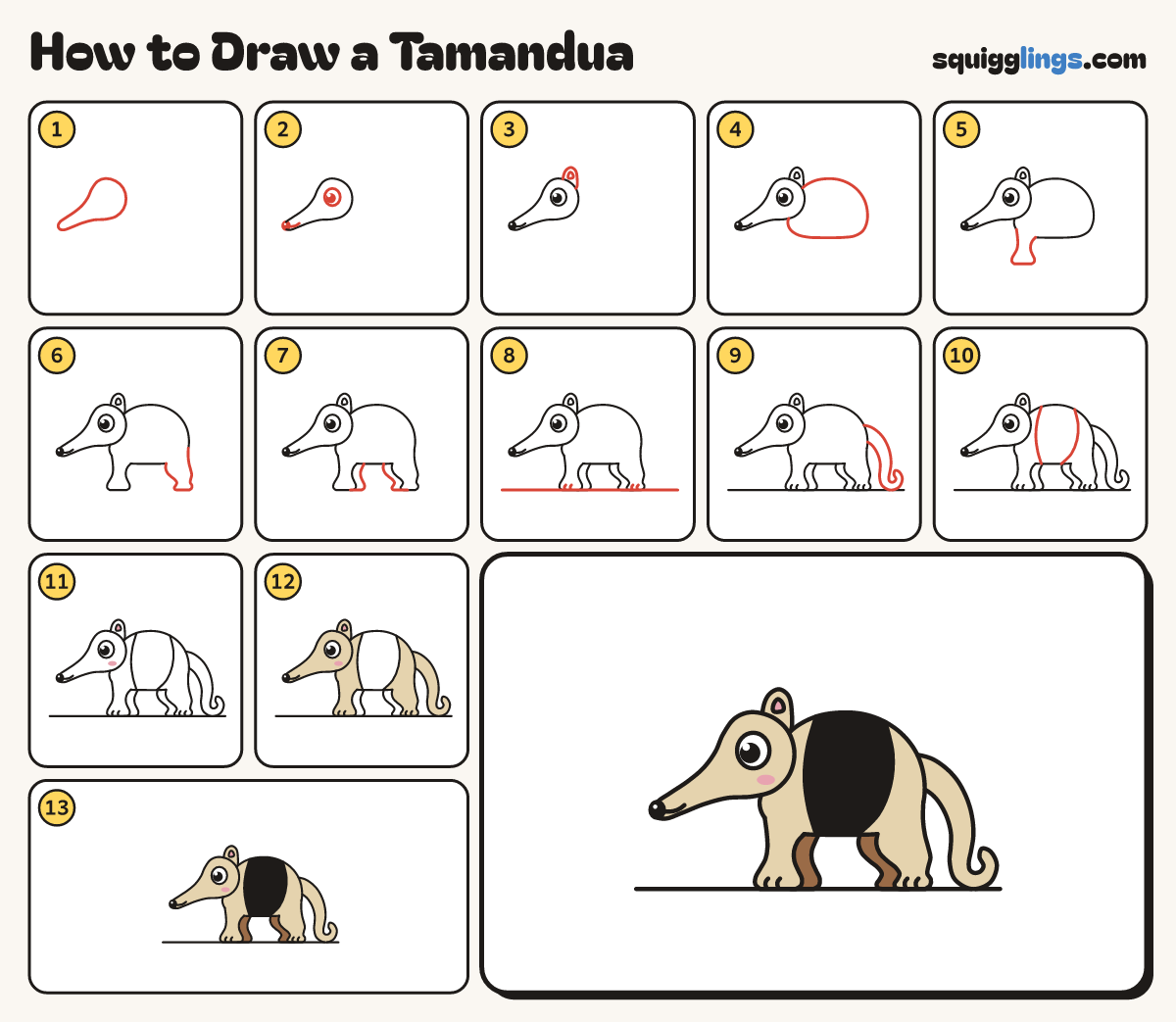 How to Draw a Tamandua step by step: all 13 steps in one picture