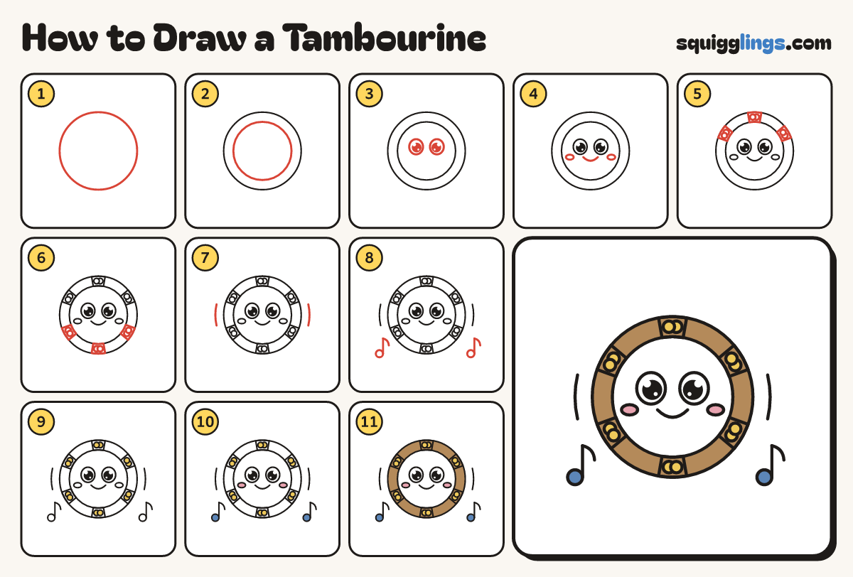 How to Draw a Tambourine step by step: all 11 steps in one picture