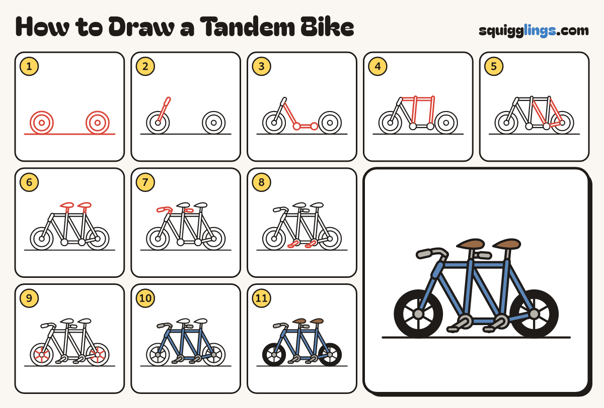 How to Draw a Tandem Bike step by step: all 11 steps in one picture