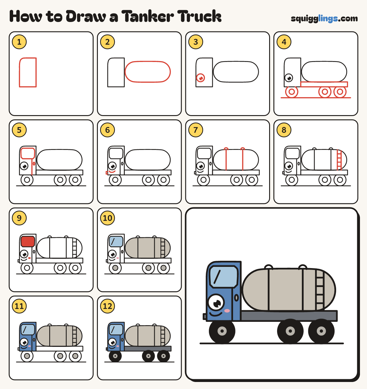 How to Draw a Tanker Truck step by step: all 12 steps in one picture