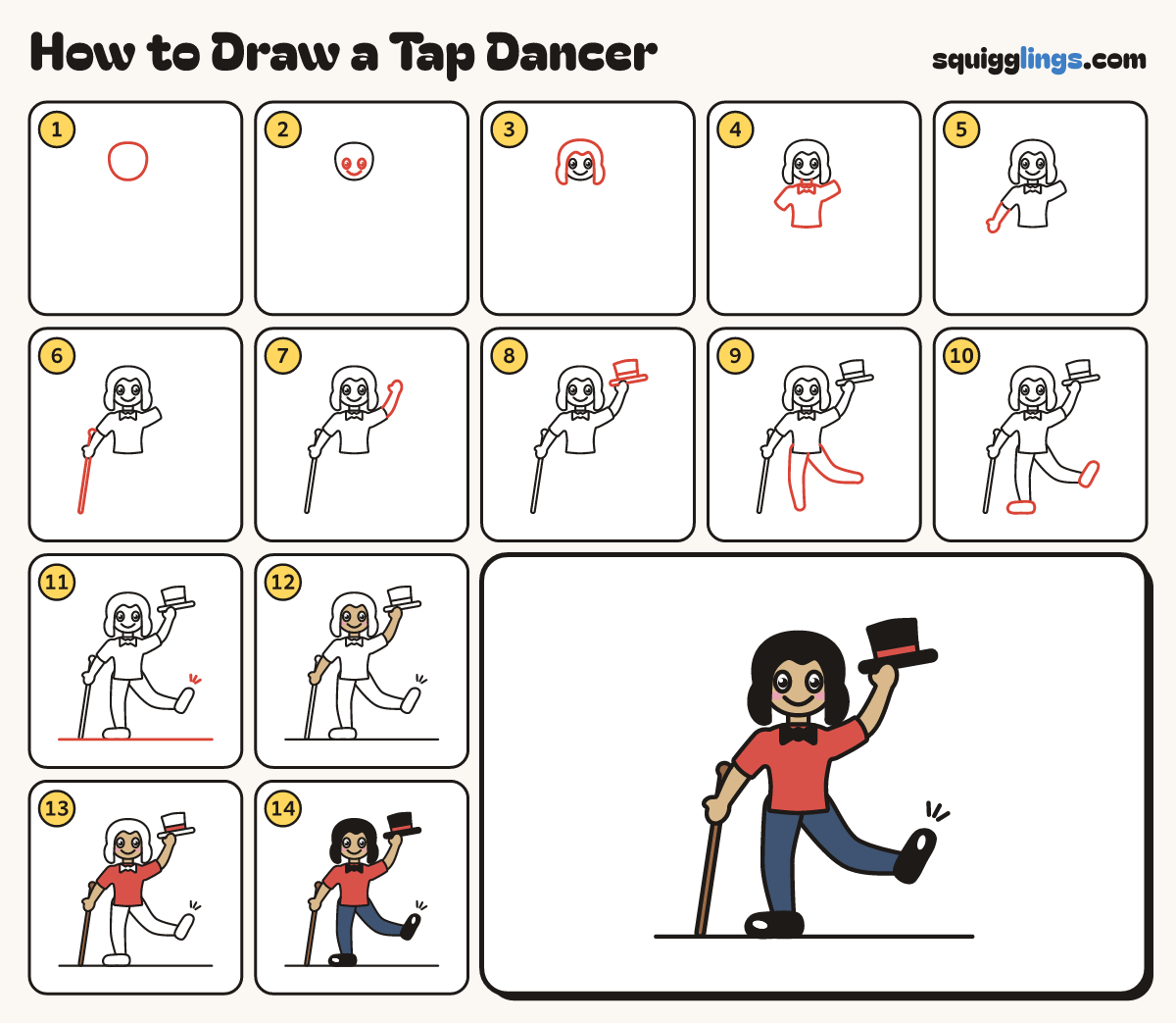 How to Draw a Tap Dancer step by step: all 14 steps in one picture