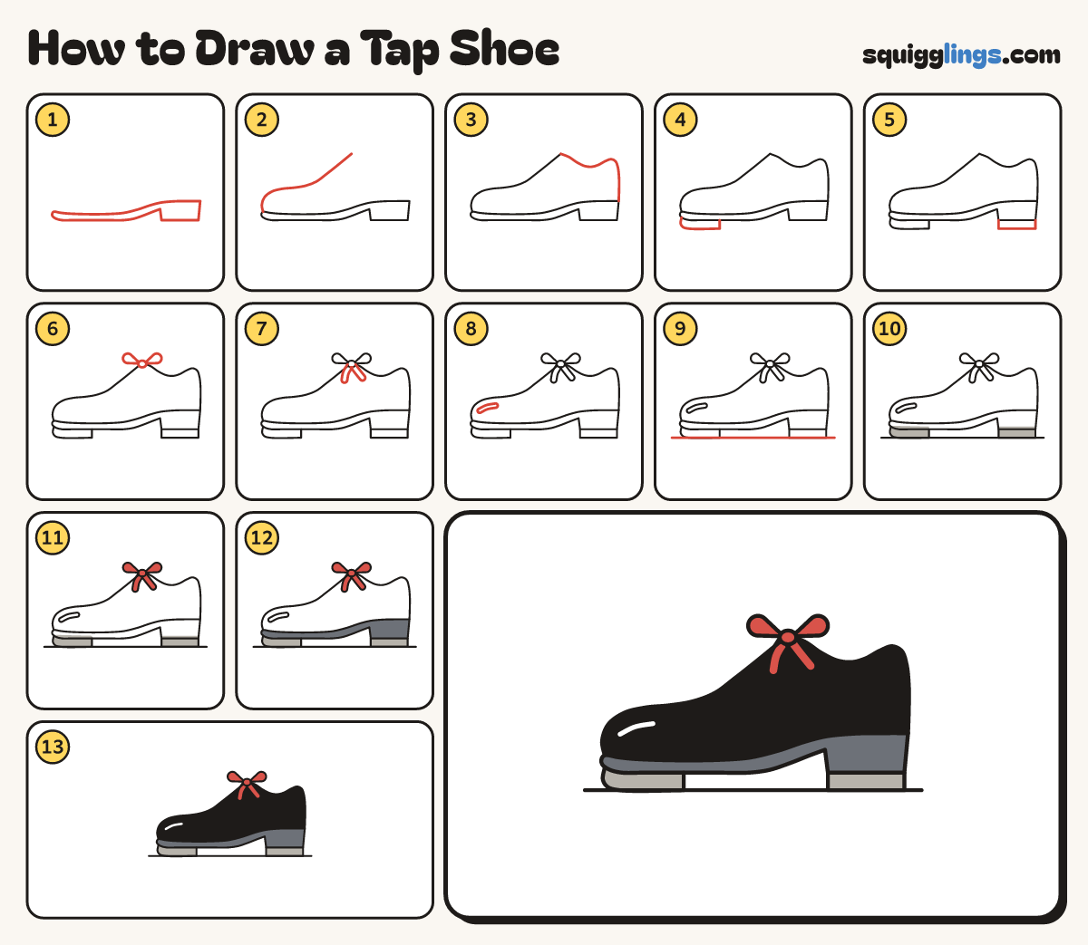 How to Draw a Tap Shoe step by step: all 13 steps in one picture