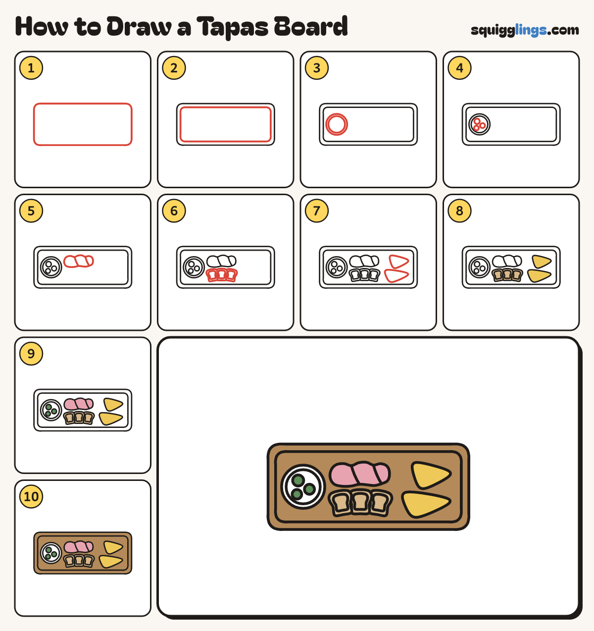 How to Draw a Tapas Board step by step: all 10 steps in one picture