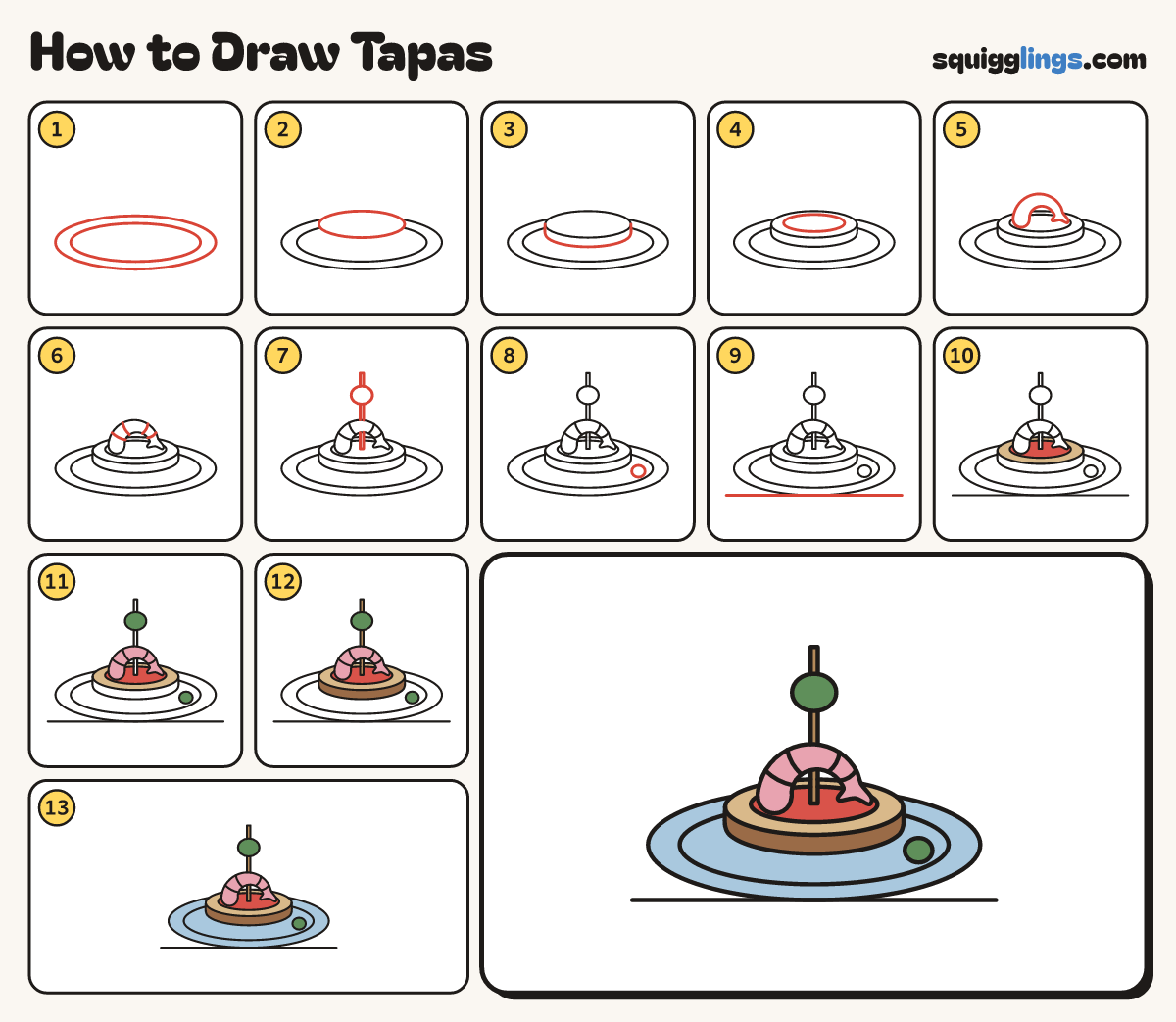How to Draw Tapas step by step: all 13 steps in one picture