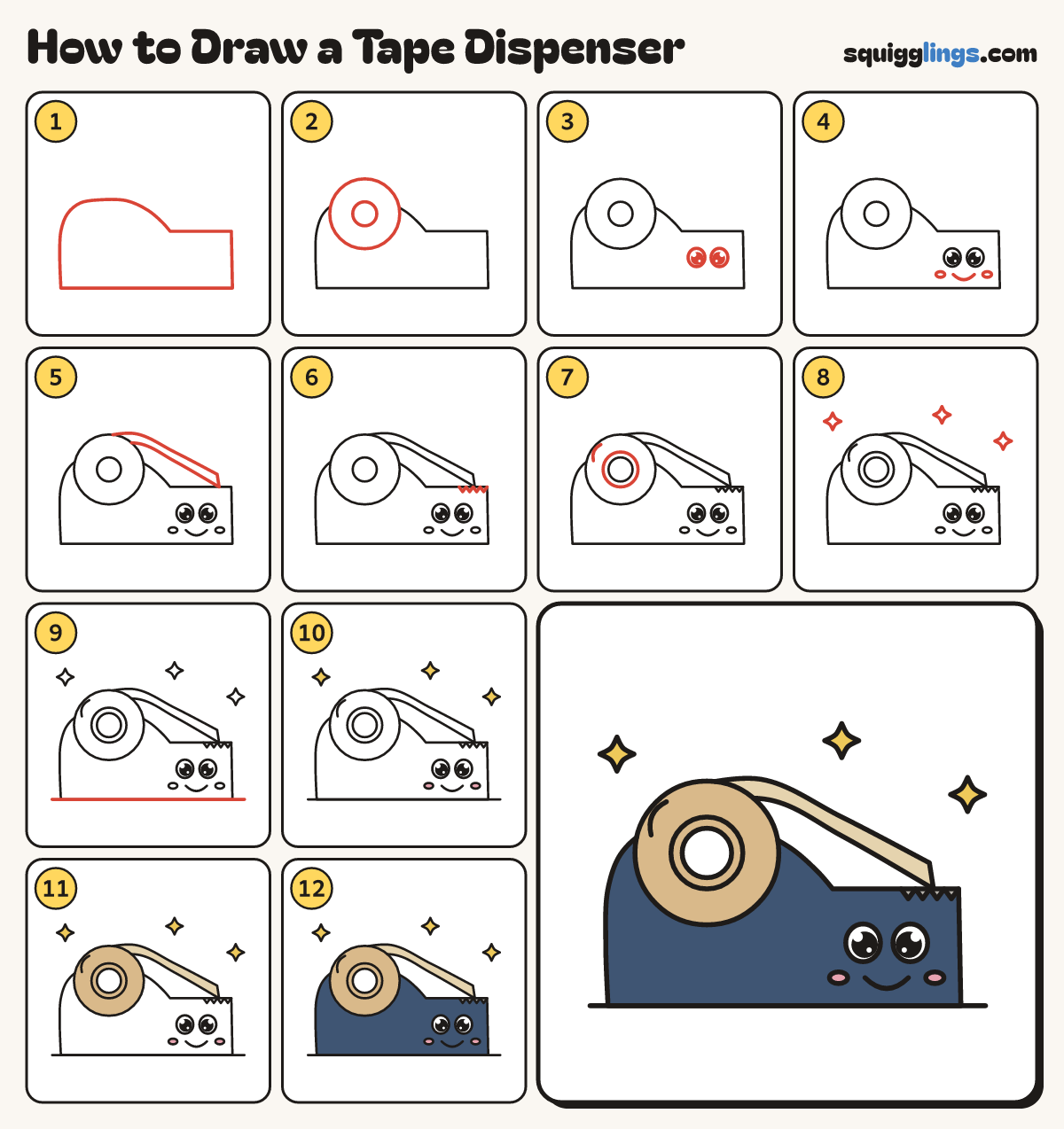 How to Draw a Tape Dispenser step by step: all 12 steps in one picture