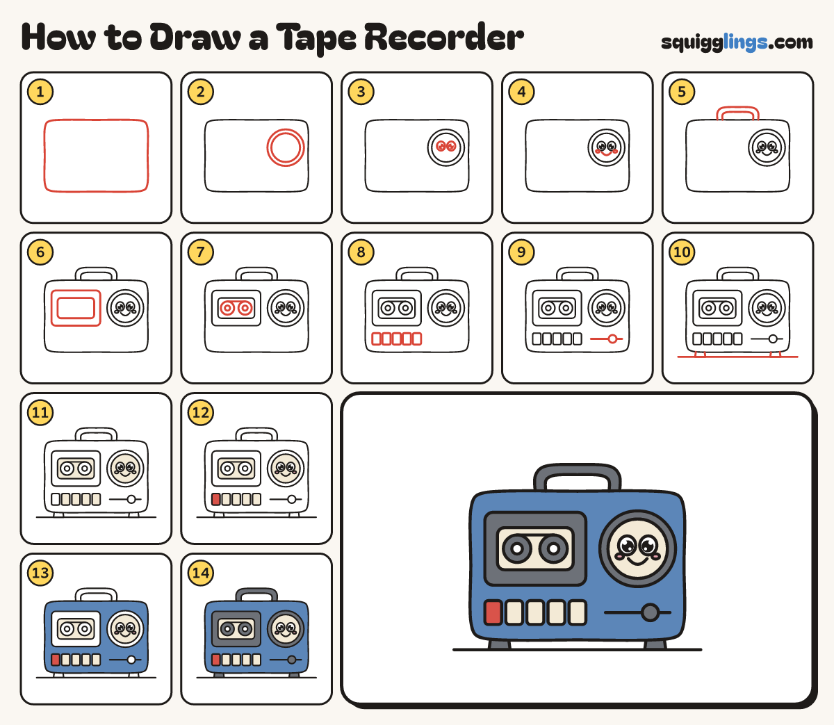 How to Draw a Tape Recorder step by step: all 14 steps in one picture