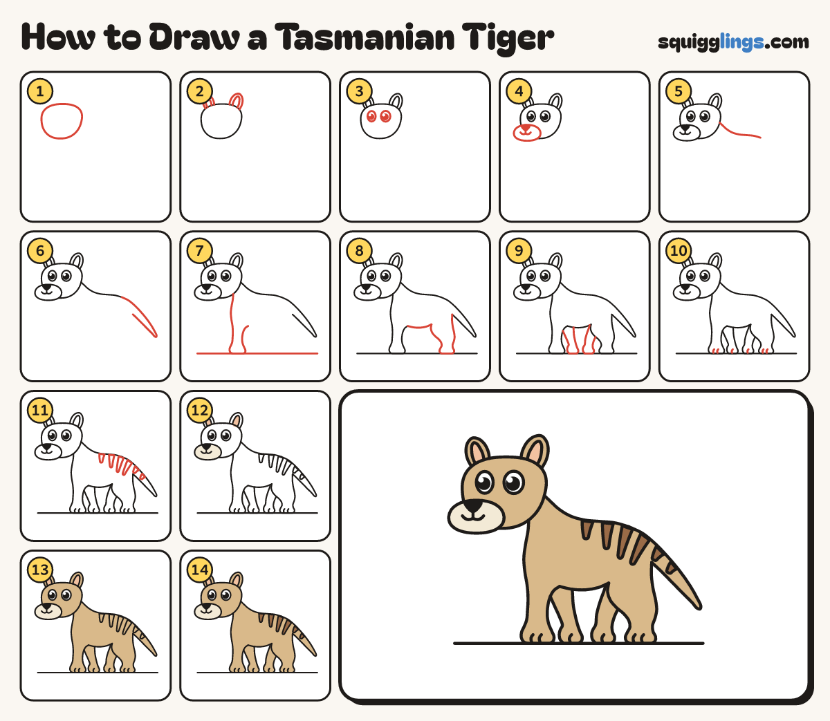 How to Draw a Tasmanian Tiger step by step: all 14 steps in one picture
