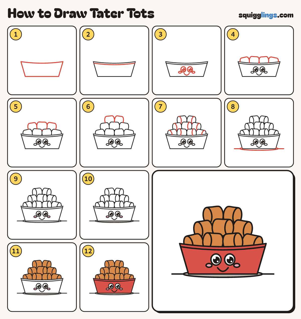 How to Draw Tater Tots step by step: all 12 steps in one picture