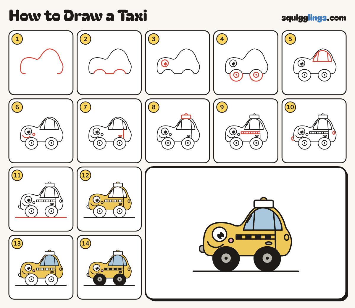How to Draw a Taxi step by step: all 14 steps in one picture