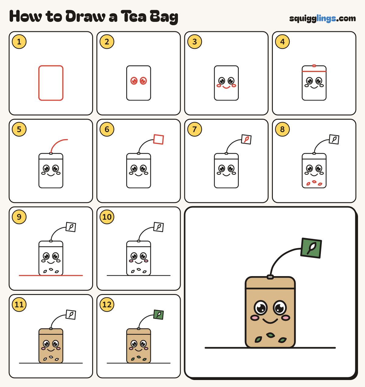 How to Draw a Tea Bag step by step: all 12 steps in one picture