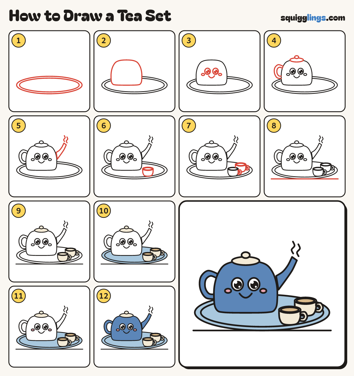How to Draw a Tea Set step by step: all 12 steps in one picture