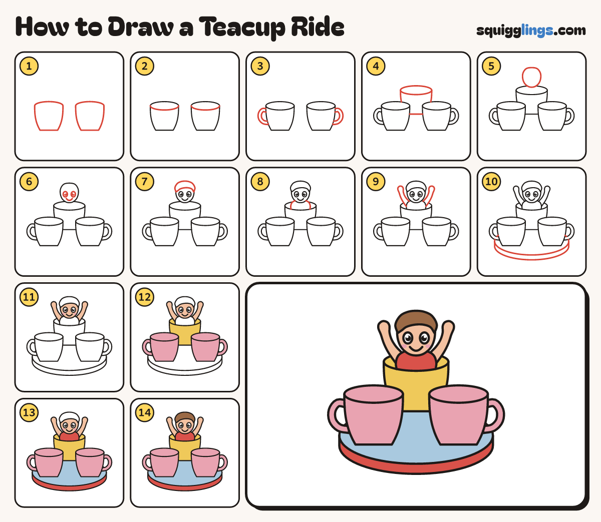 How to Draw a Teacup Ride step by step: all 14 steps in one picture