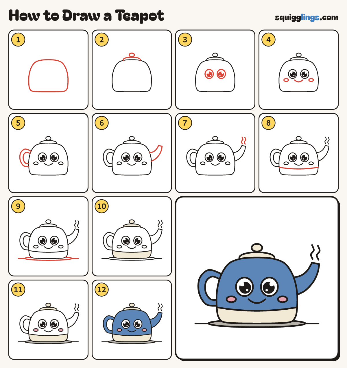 How to Draw a Teapot step by step: all 12 steps in one picture