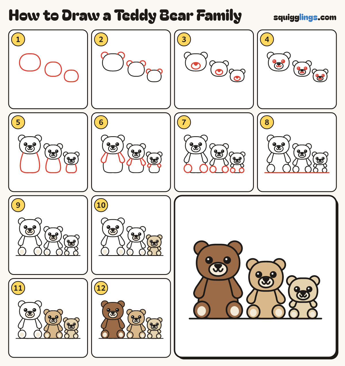 How to Draw a Teddy Bear Family step by step: all 12 steps in one picture