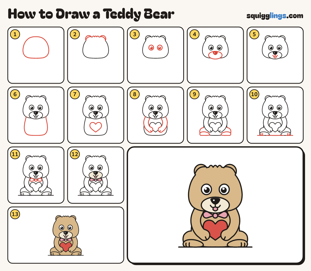 How to Draw a Teddy Bear step by step: all 13 steps in one picture