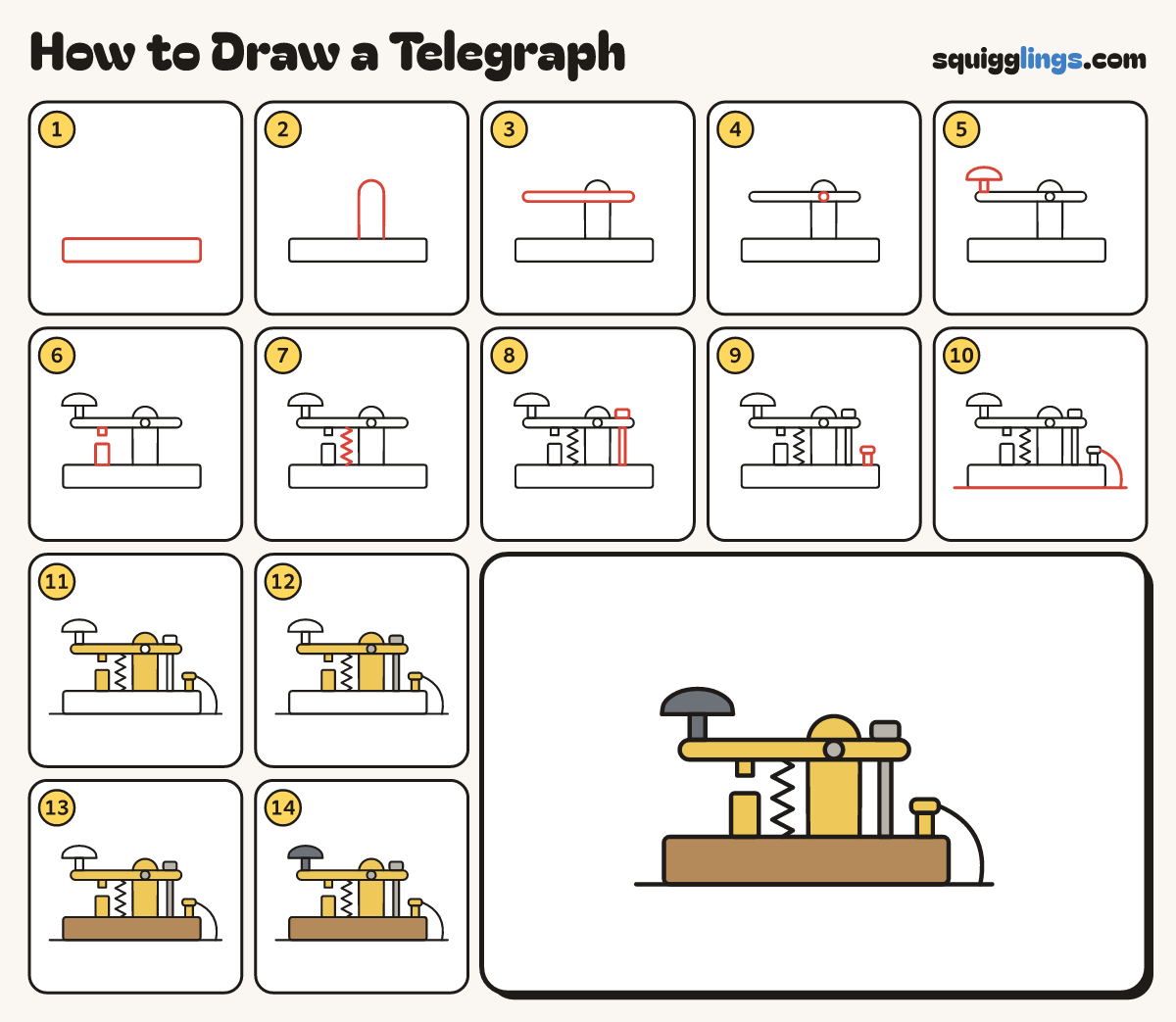 How to Draw a Telegraph step by step: all 14 steps in one picture