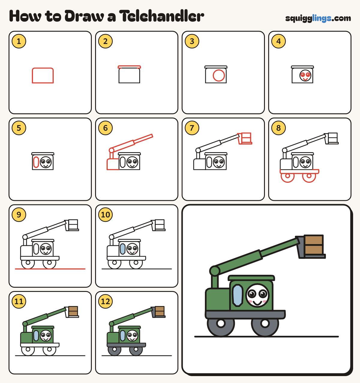 How to Draw a Telehandler step by step: all 12 steps in one picture