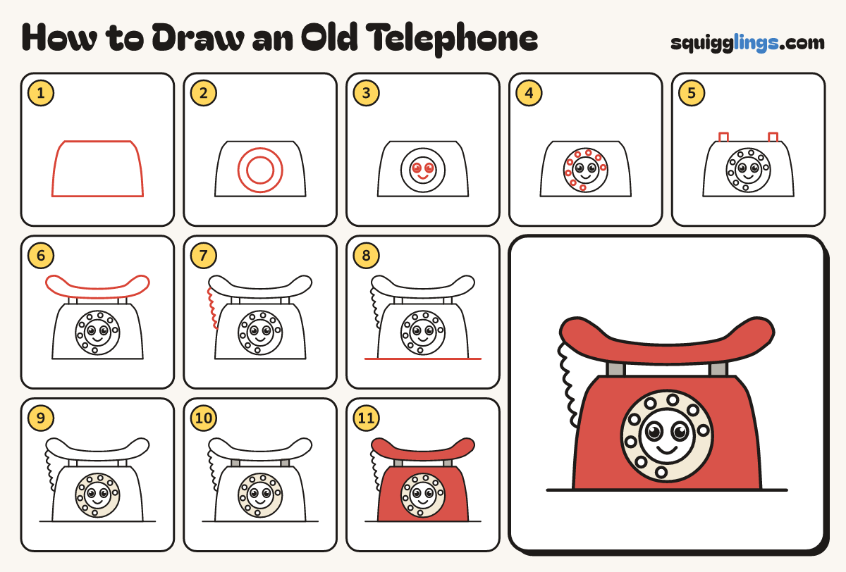 How to Draw an Old Telephone step by step: all 11 steps in one picture