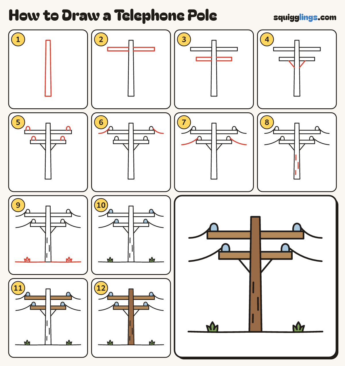 How to Draw a Telephone Pole step by step: all 12 steps in one picture