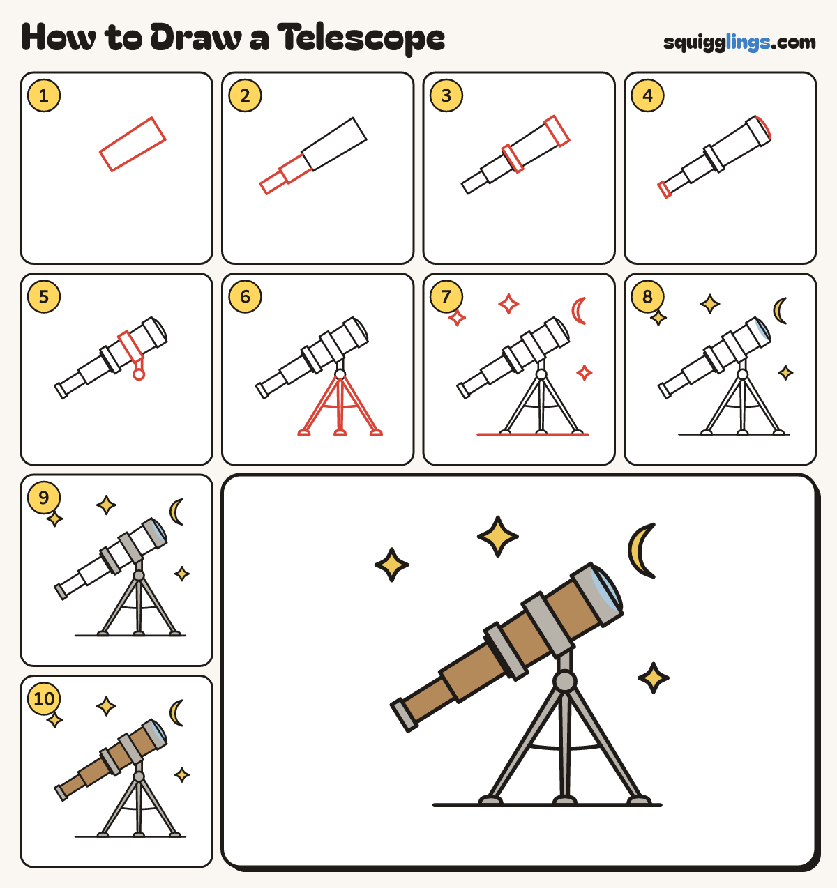 How to Draw a Telescope step by step: all 10 steps in one picture