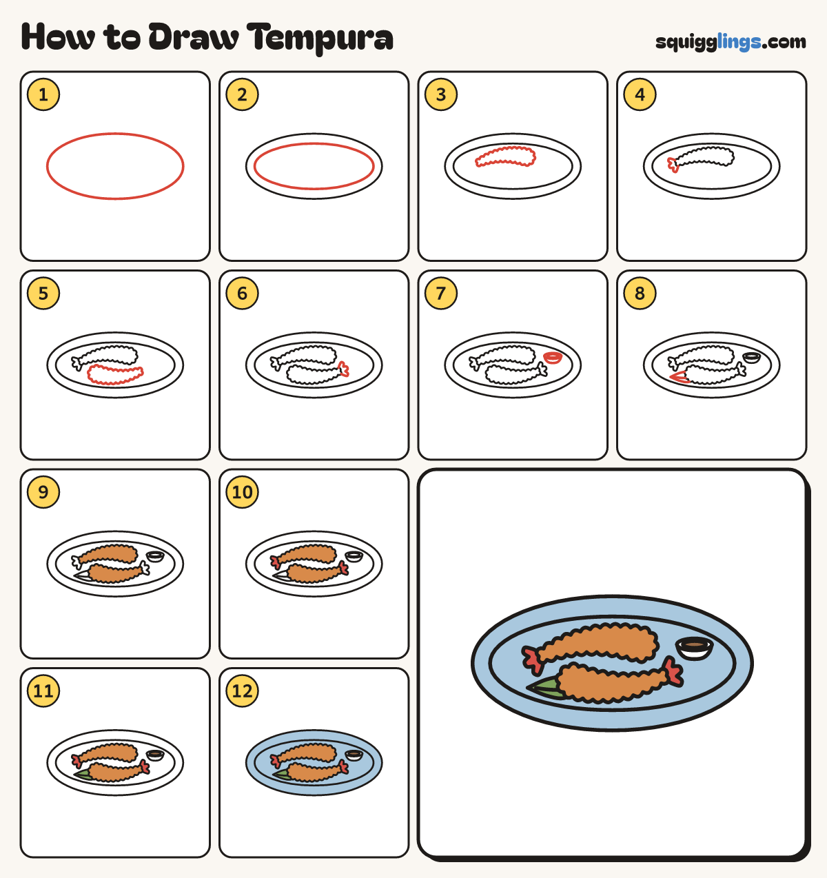 How to Draw Tempura step by step: all 12 steps in one picture