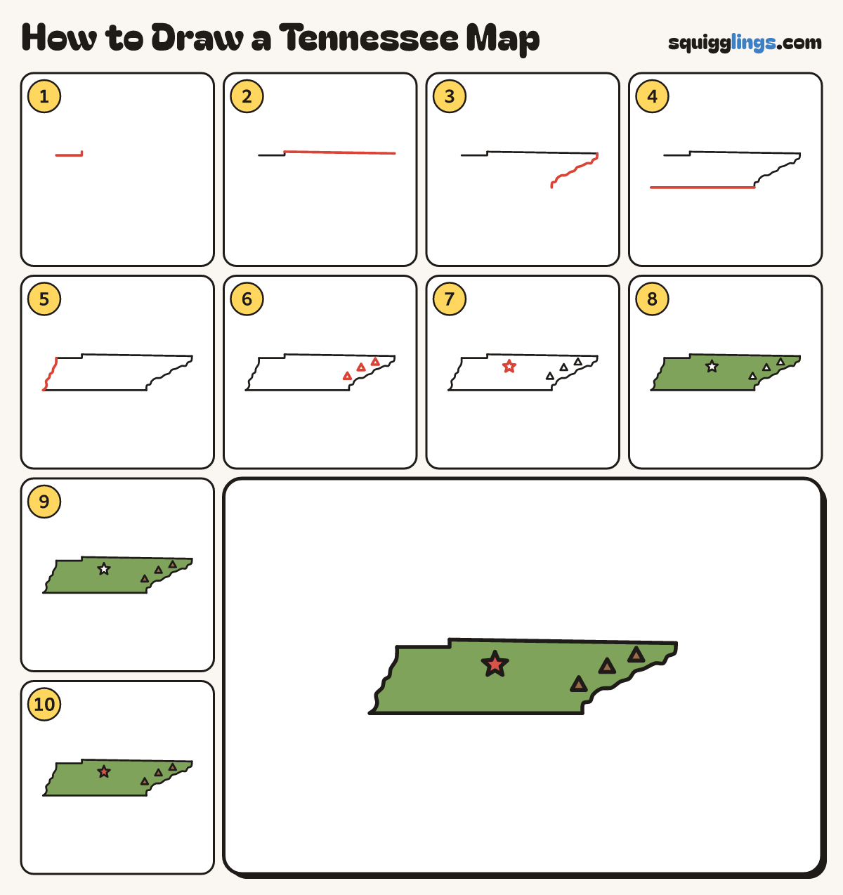 How to Draw a Tennessee Map step by step: all 10 steps in one picture