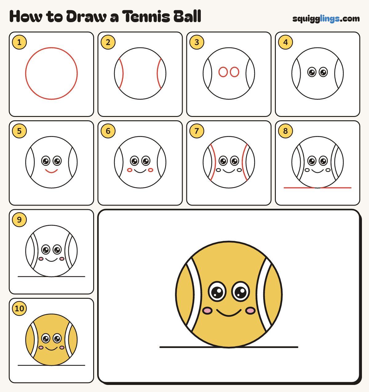 How to Draw a Tennis Ball step by step: all 10 steps in one picture