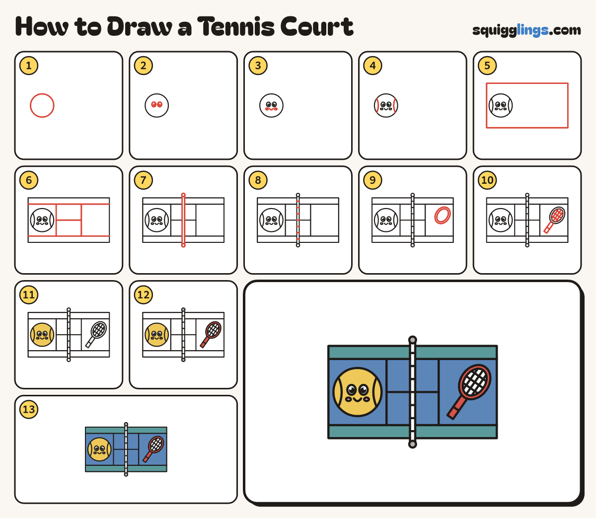 How to Draw a Tennis Court step by step: all 13 steps in one picture