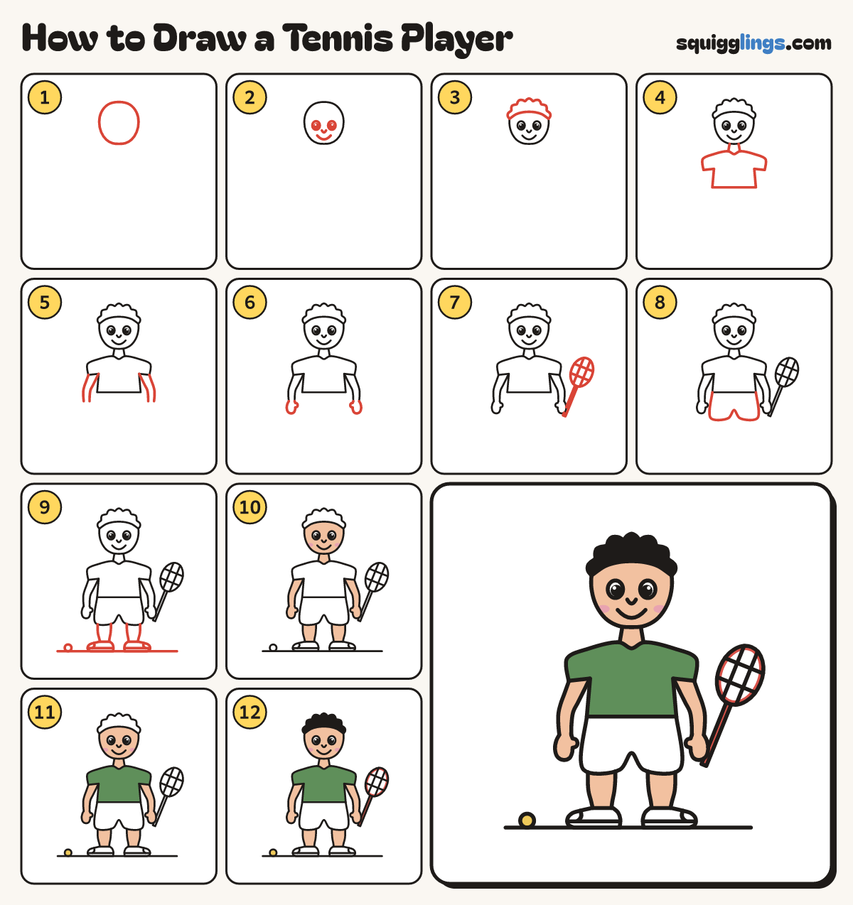 How to Draw a Tennis Player step by step: all 12 steps in one picture