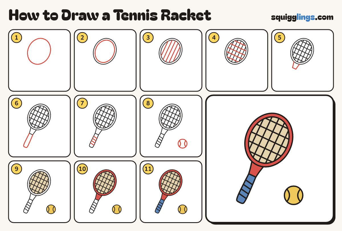 How to Draw a Tennis Racket step by step: all 11 steps in one picture