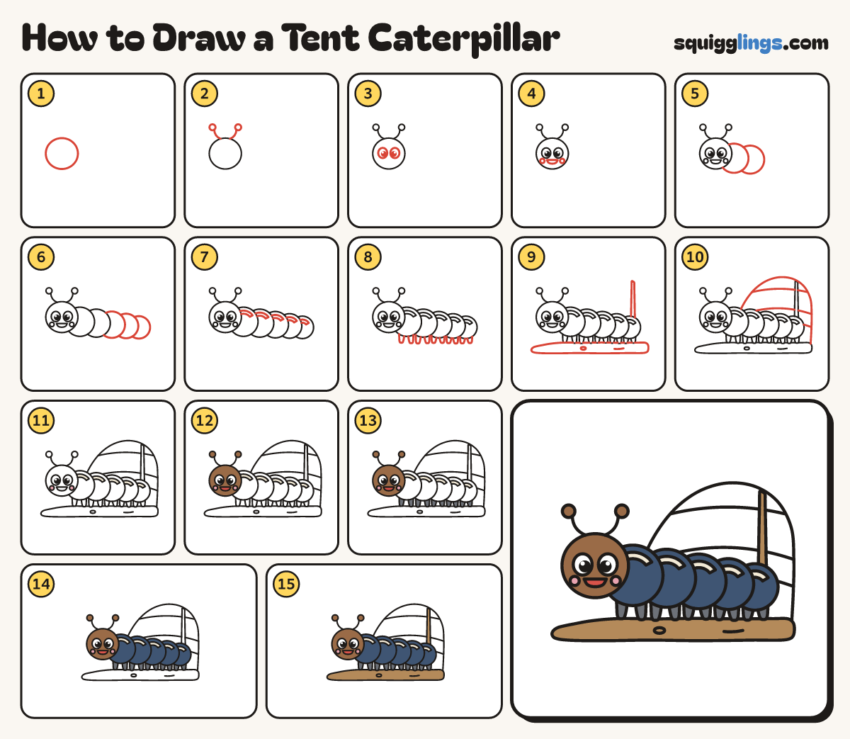 How to Draw a Tent Caterpillar step by step: all 15 steps in one picture