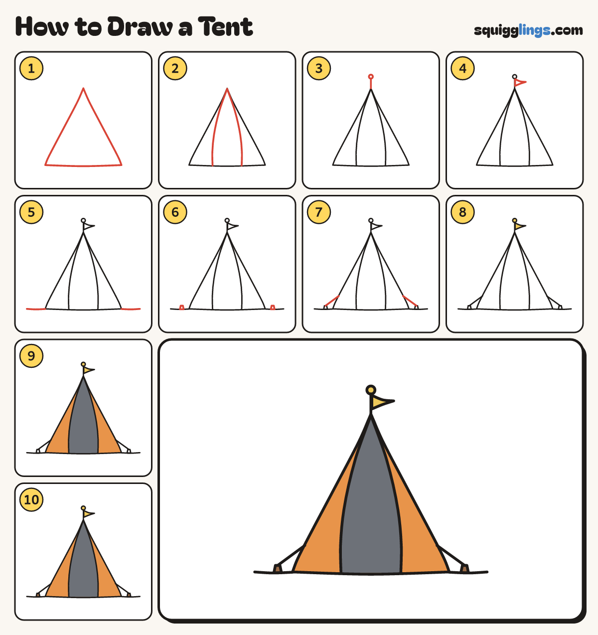How to Draw a Tent step by step: all 10 steps in one picture