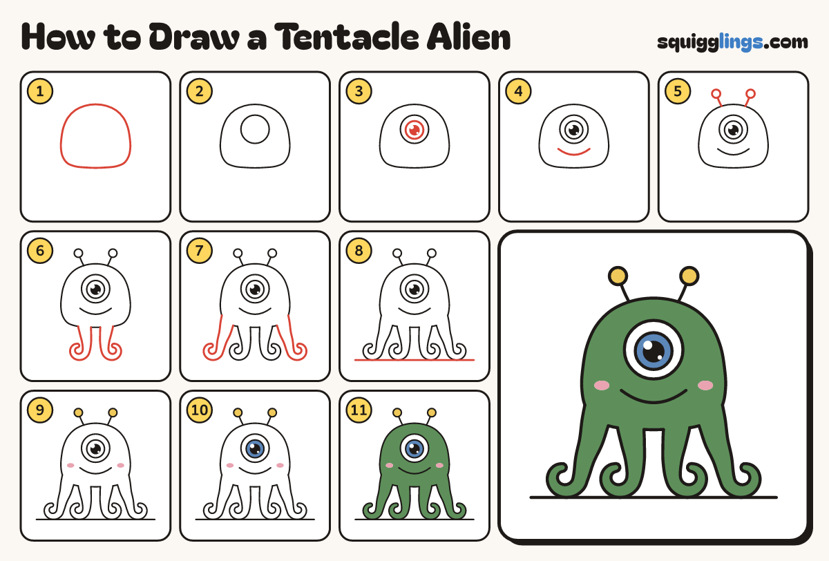 How to Draw a Tentacle Alien step by step: all 11 steps in one picture