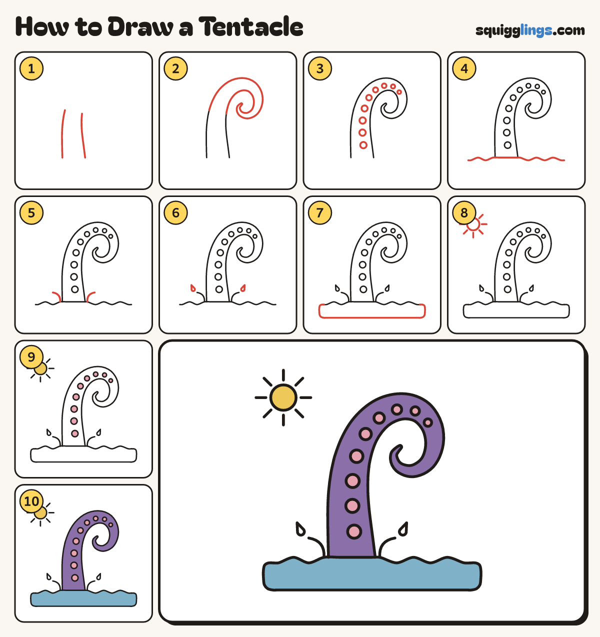 How to Draw a Tentacle step by step: all 10 steps in one picture