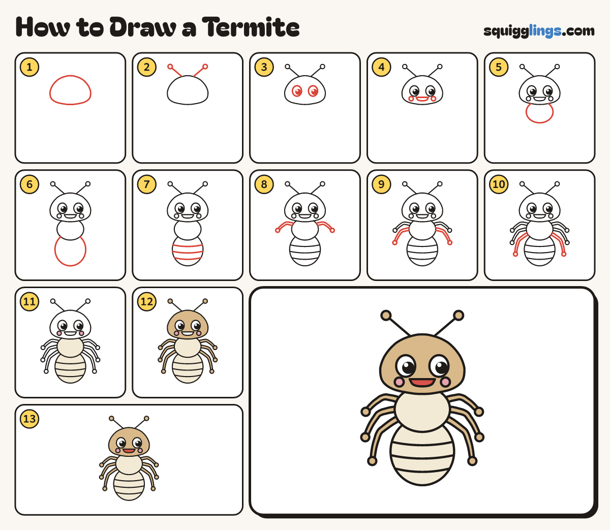How to Draw a Termite step by step: all 13 steps in one picture