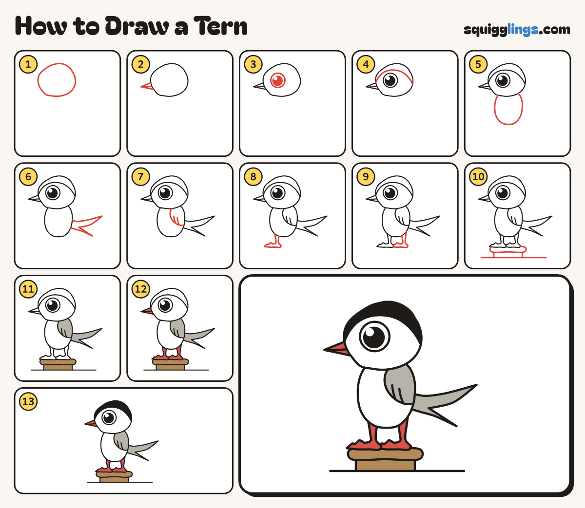 How to Draw a Tern step by step: all 13 steps in one picture