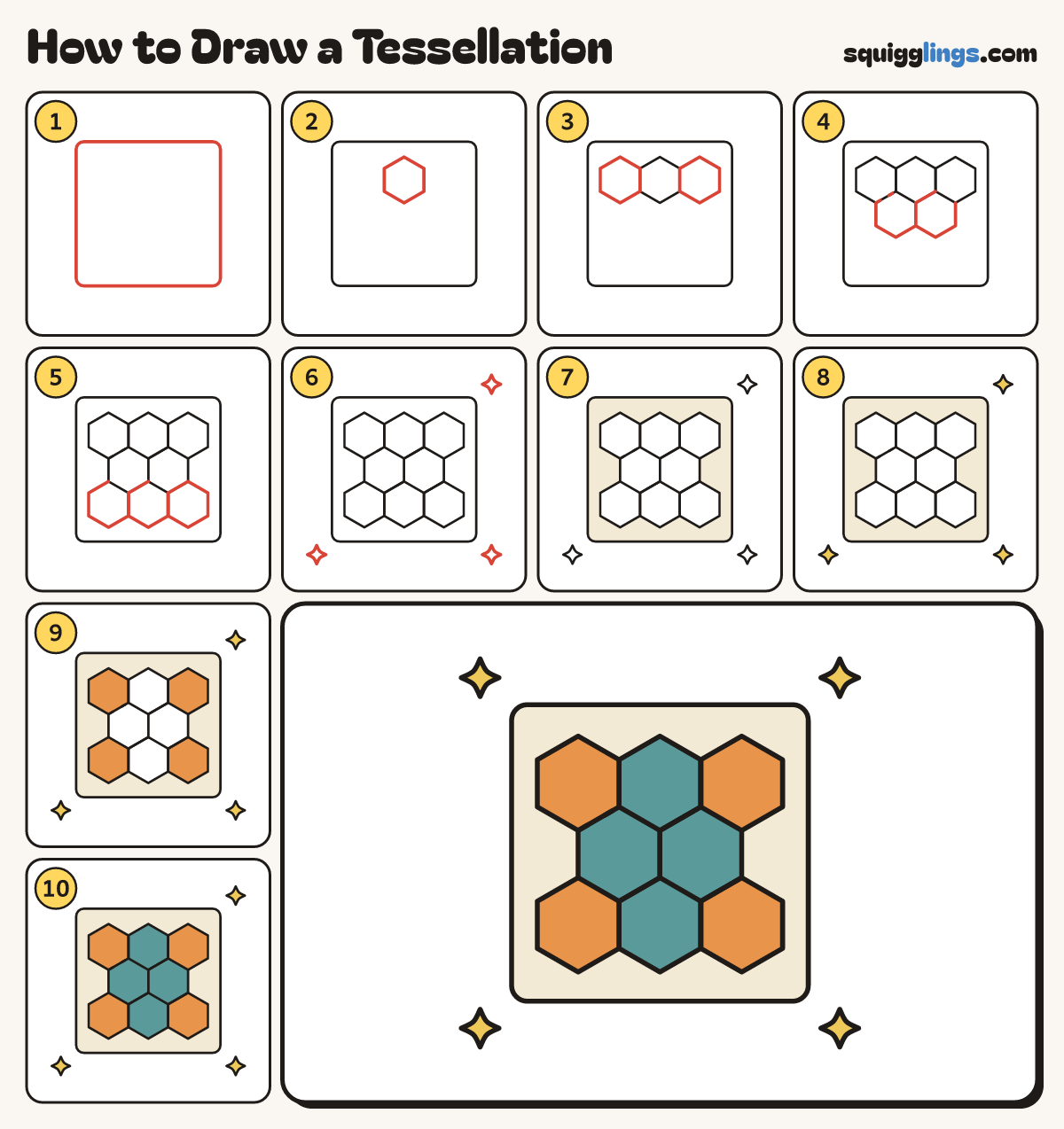 How to Draw a Tessellation step by step: all 10 steps in one picture