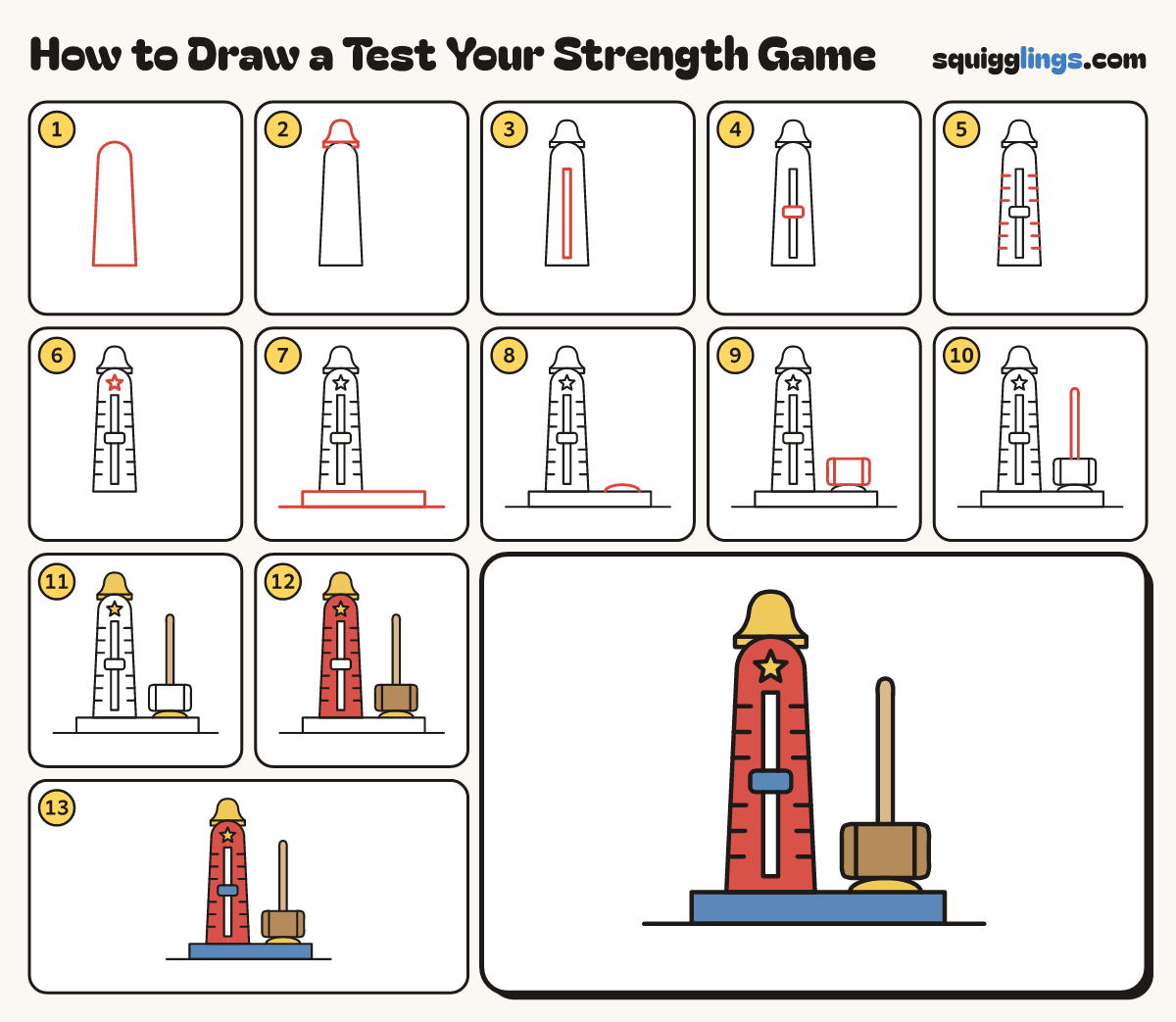 How to Draw a Test Your Strength Game step by step: all 13 steps in one picture