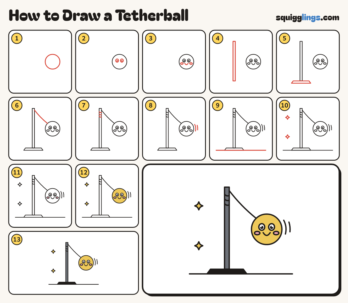 How to Draw a Tetherball step by step: all 13 steps in one picture