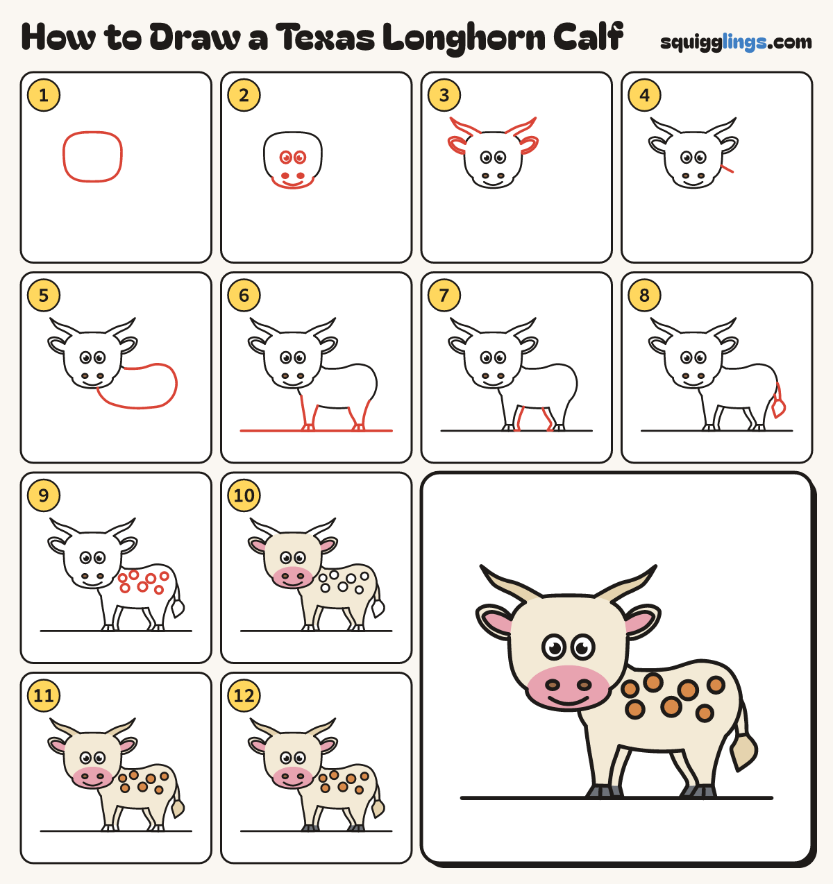 How to Draw a Texas Longhorn Calf step by step: all 12 steps in one picture