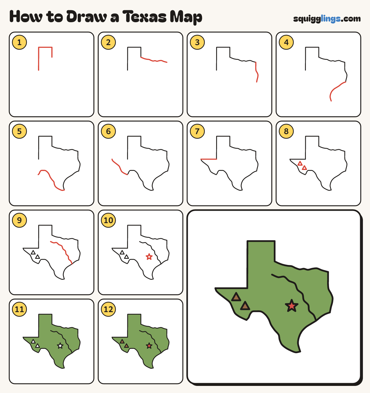 How to Draw a Texas Map step by step: all 12 steps in one picture