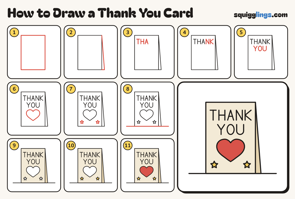 How to Draw a Thank You Card step by step: all 11 steps in one picture