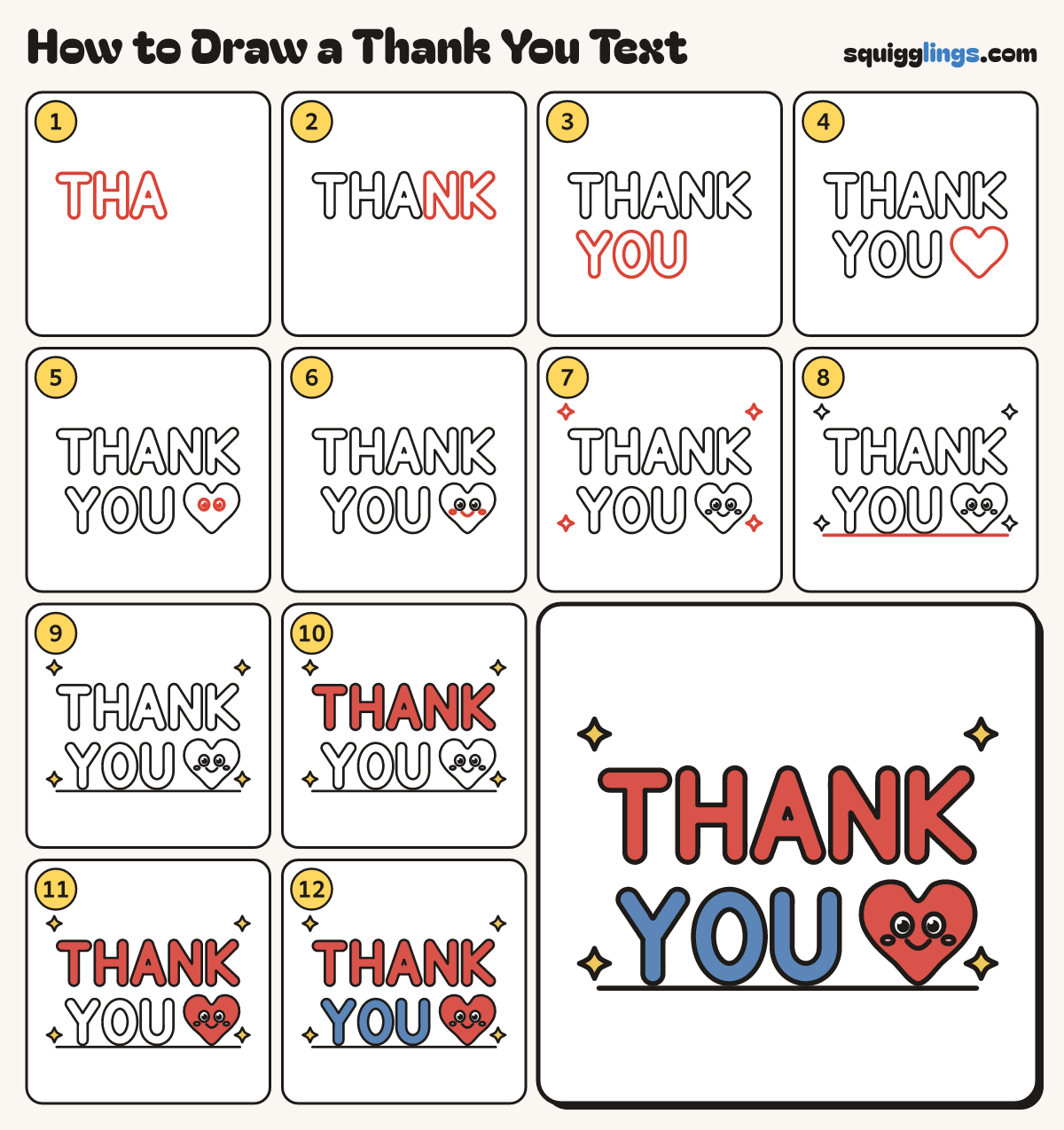 How to Draw a Thank You Text step by step: all 12 steps in one picture