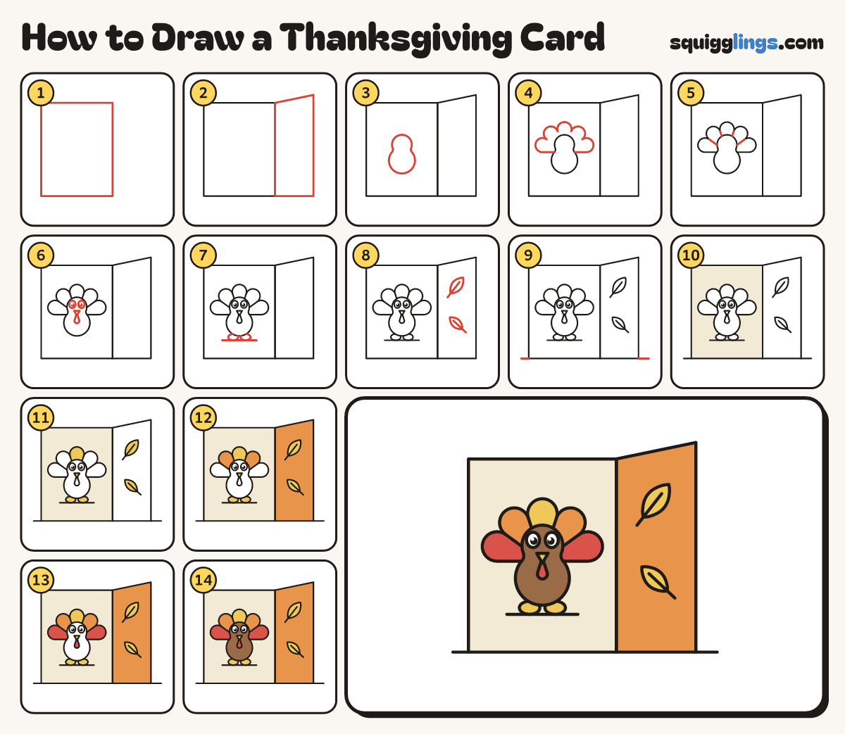How to Draw a Thanksgiving Card step by step: all 14 steps in one picture