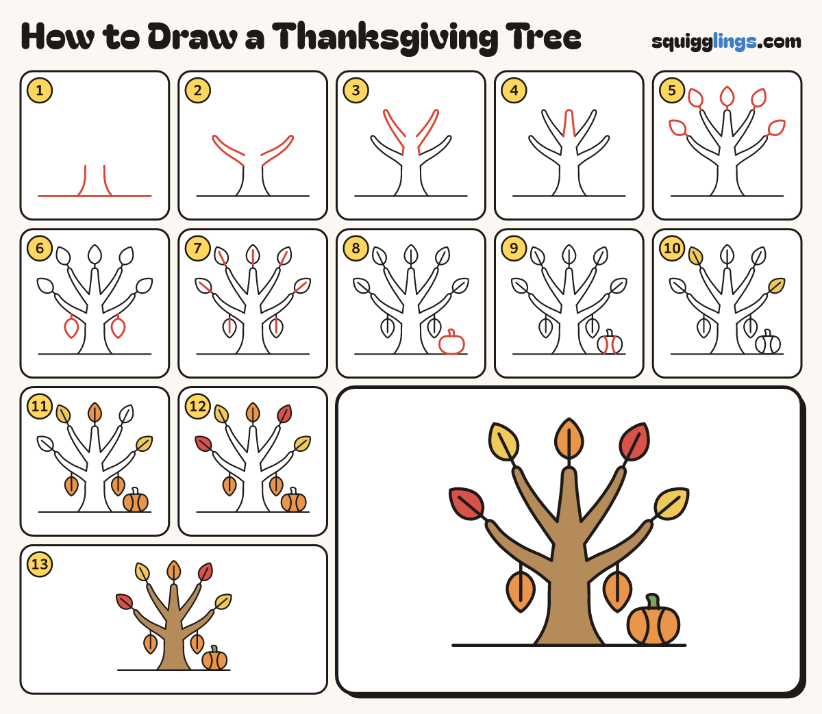 How to Draw a Thanksgiving Tree step by step: all 13 steps in one picture
