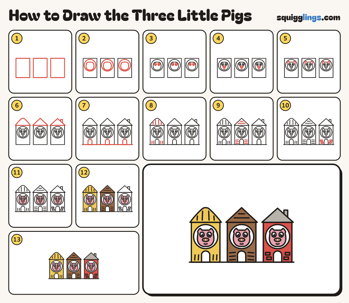 How to Draw the Three Little Pigs step by step: all 13 steps in one picture