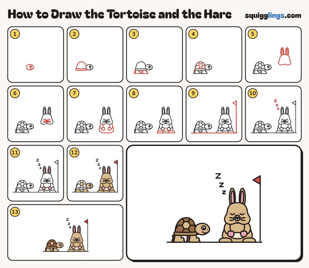 How to Draw the Tortoise and the Hare step by step: all 13 steps in one picture